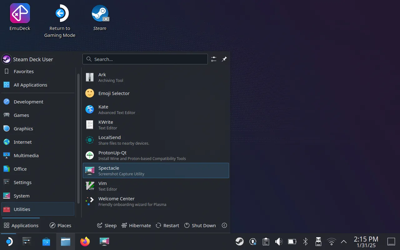 Giao diện ứng dụng chụp ảnh màn hình Spectacle trong môi trường SteamOS Desktop.