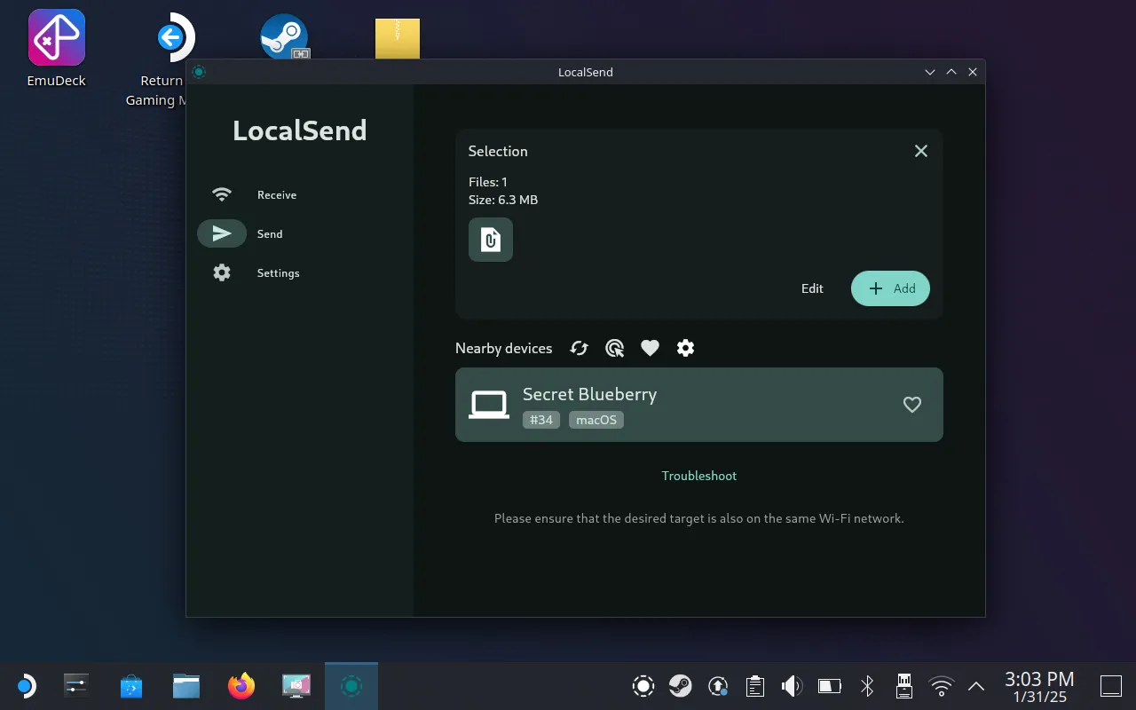 Giao diện ứng dụng LocalSend đang chuyển file không dây từ Steam Deck sang một thiết bị Mac.