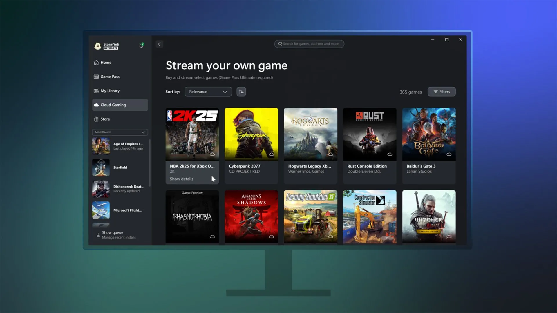 Giao diện ứng dụng Xbox trên PC, cho phép người dùng truyền phát (stream) các tựa game Xbox trực tiếp lên máy tính của mình.