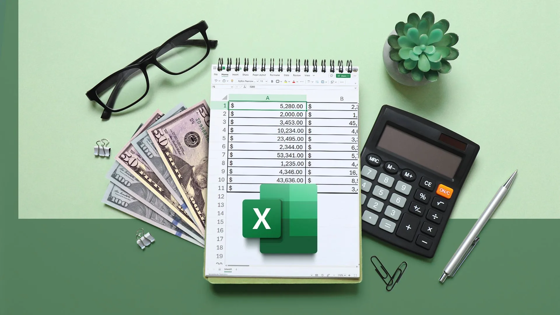 Góc nhìn từ trên cao của một cuốn sổ với bảng tính Excel, máy tính và tiền đô, minh họa cho khả năng tính toán vượt trội của Excel.
