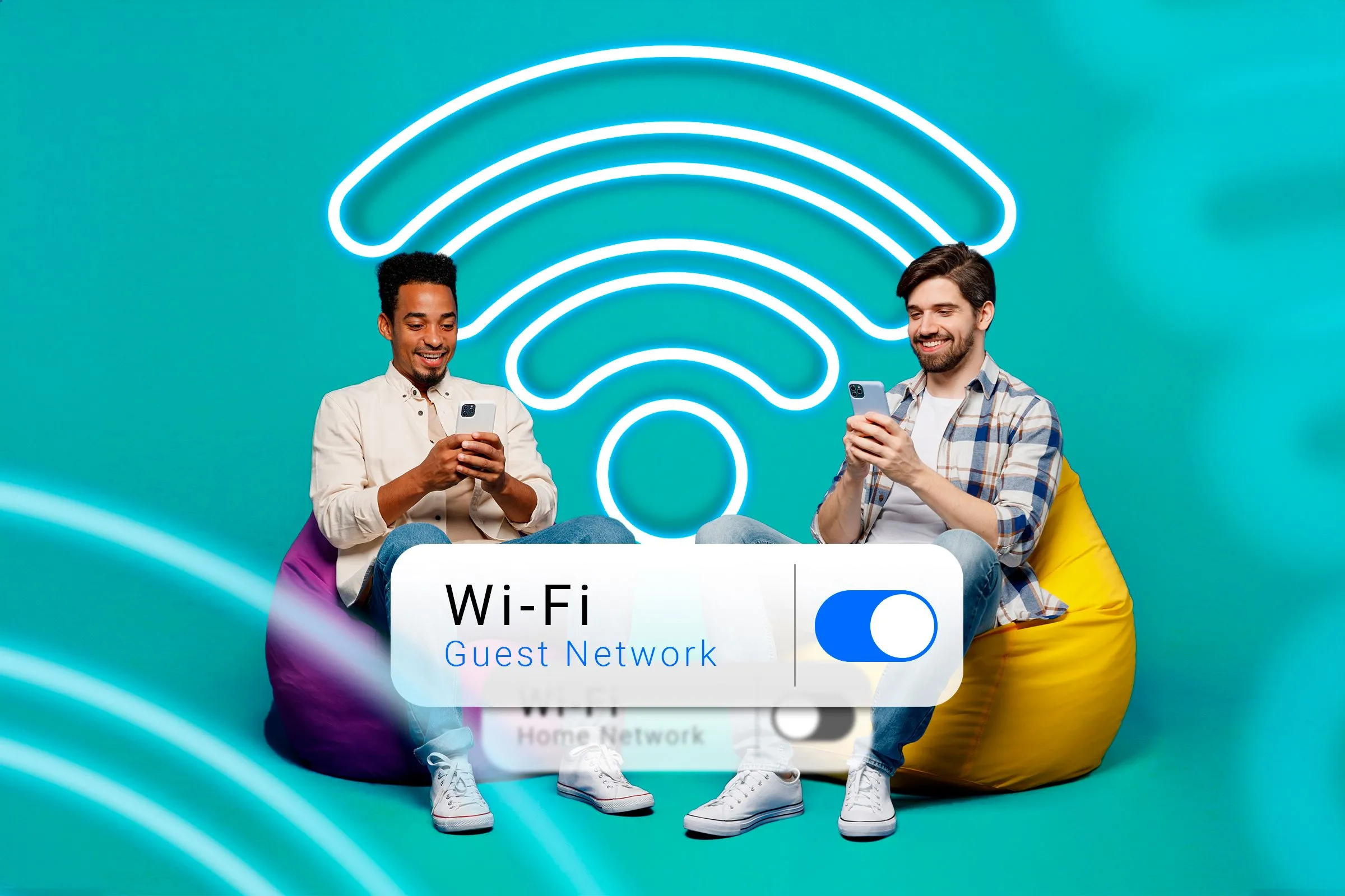Hai người đang sử dụng điện thoại với biểu tượng Wi-Fi khách