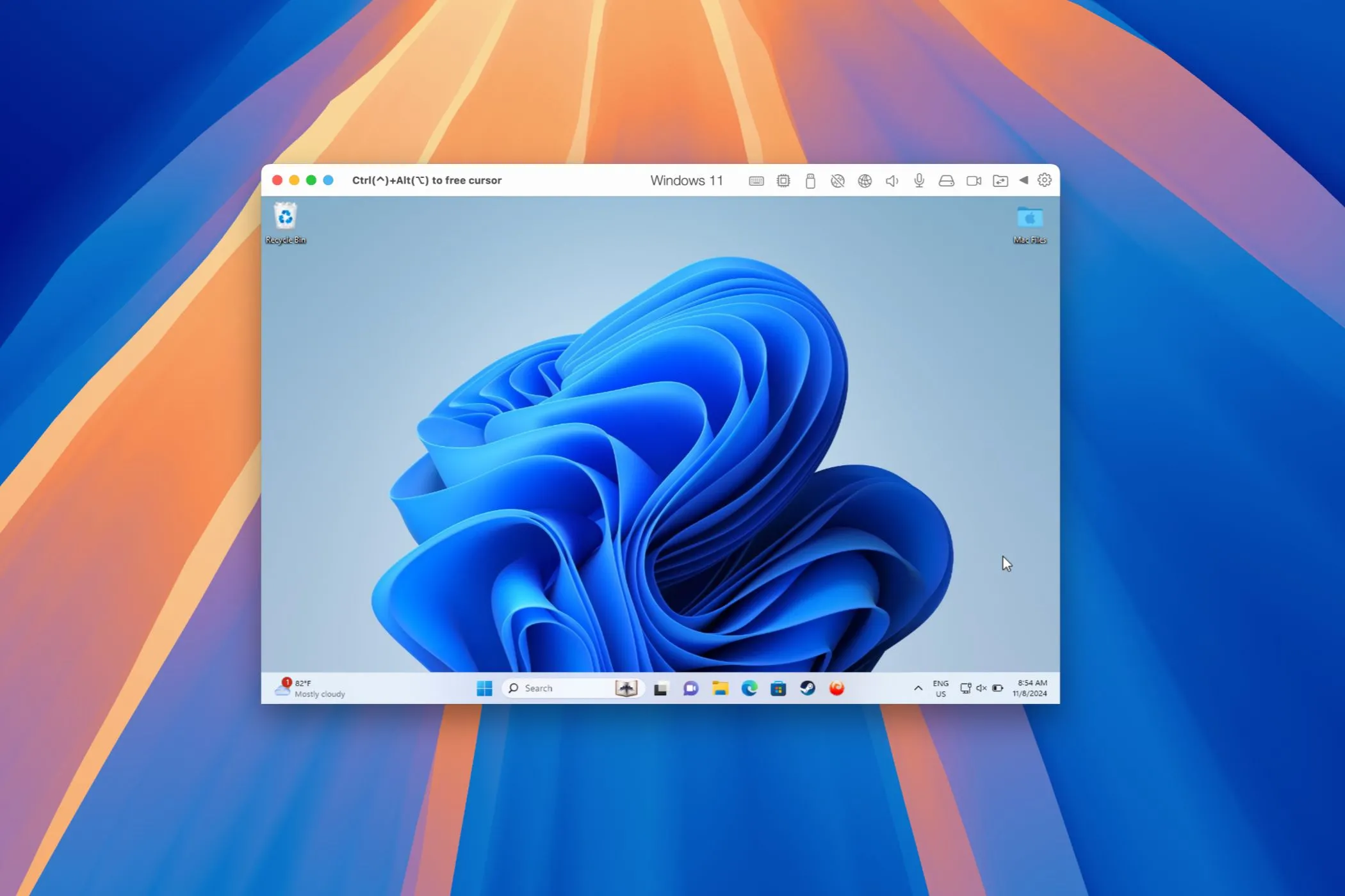 Hệ điều hành Windows 11 đang chạy trên máy Mac thông qua Parallels Desktop, nhấn mạnh khả năng tùy biến và linh hoạt của macOS.