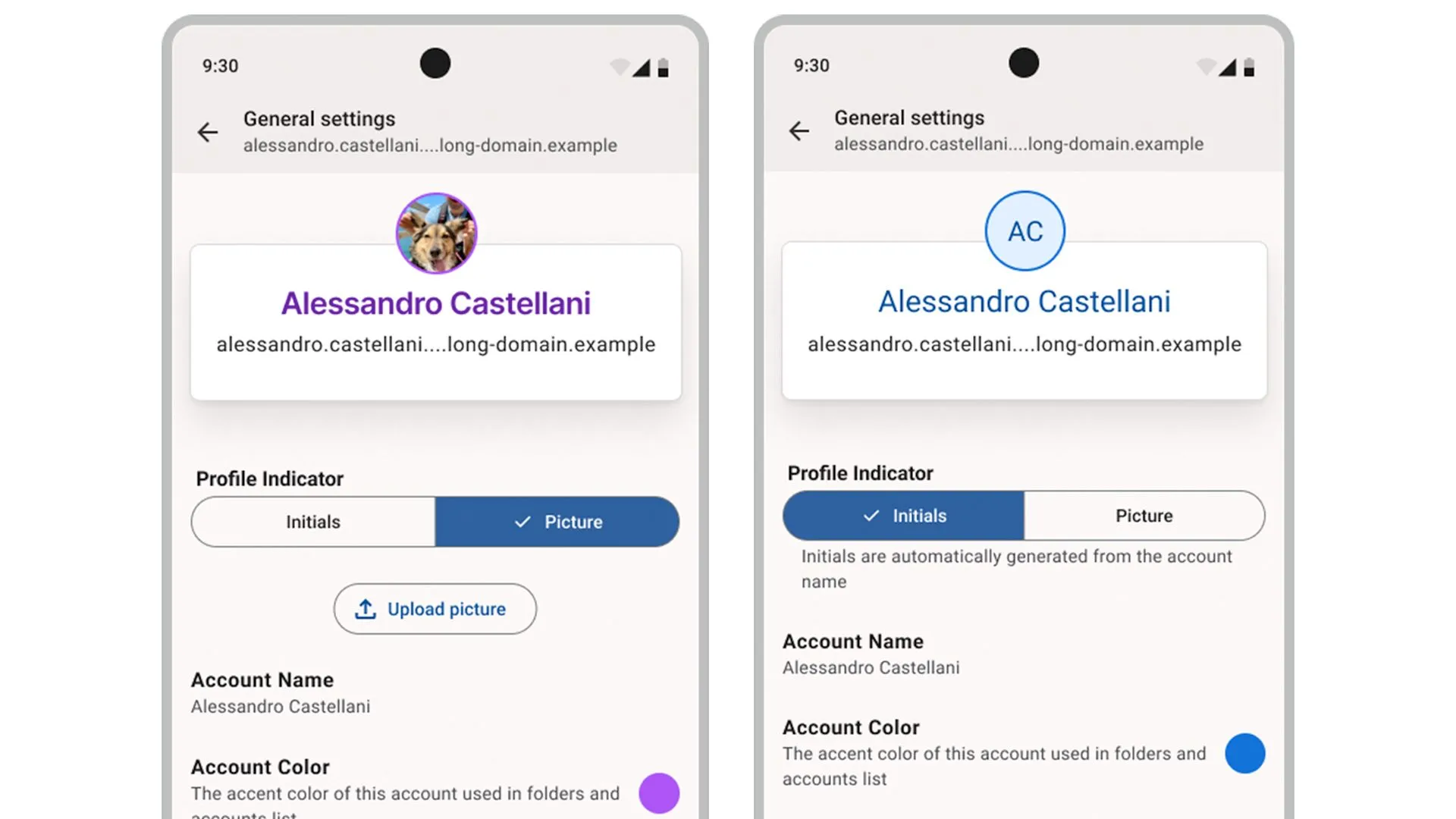 Hình ảnh mockup giao diện quản lý tài khoản (account drawer) được cải tiến trên ứng dụng Thunderbird Android