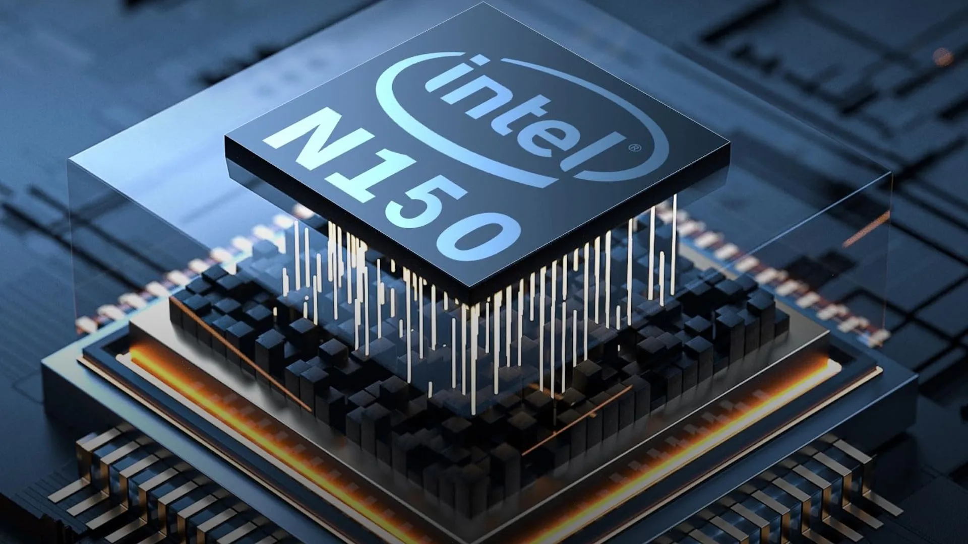 Hình ảnh render chip Intel N150, một bộ vi xử lý hiệu suất cao nhưng tiết kiệm điện, thường được trang bị trên các dòng Mini PC văn phòng.