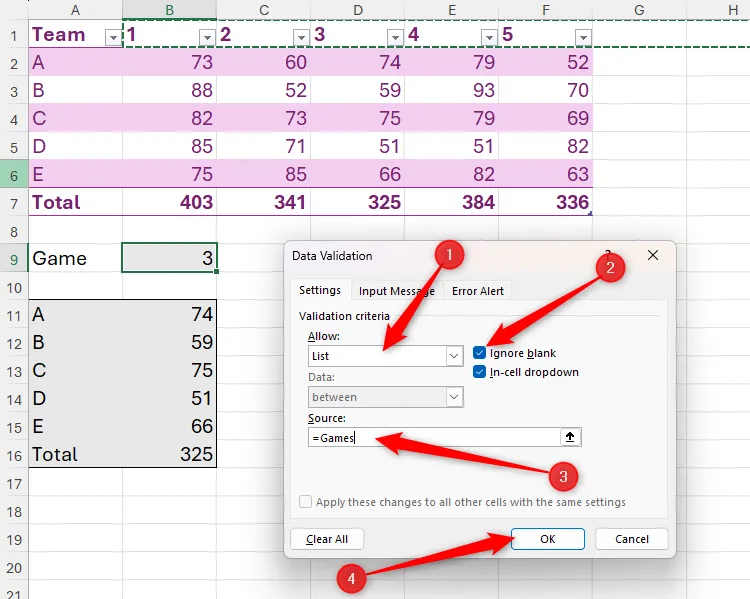 Hộp thoại Data Validation trong Excel, với tùy chọn &quot;List&quot; được chọn và tên vùng &quot;=Games&quot; được nhập làm nguồn dữ liệu cho danh sách thả xuống.