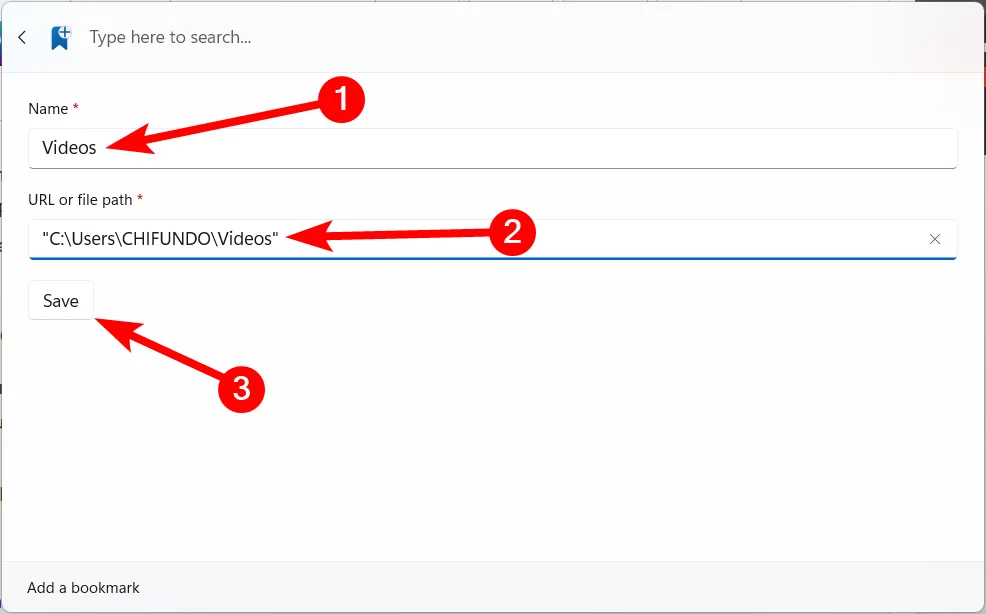 Hướng dẫn thêm bookmark cho tệp, thư mục hoặc trang web thường dùng trong Command Palette của Windows.