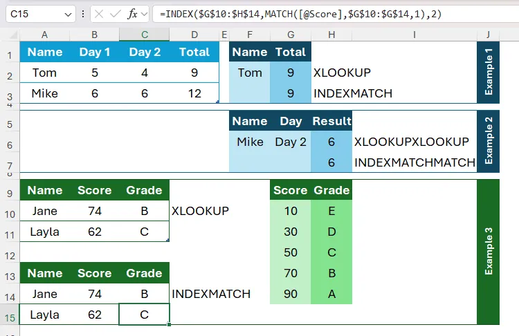 INDEX and MATCH being used in Excel to return students