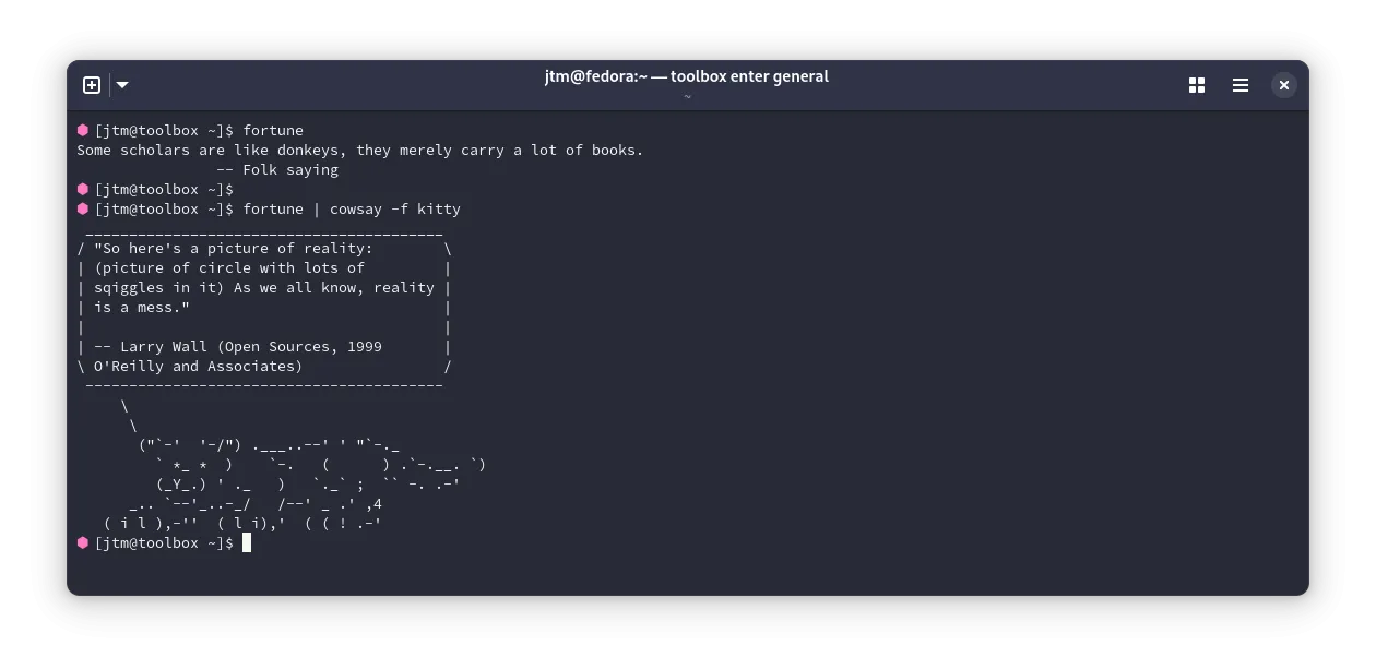 Kết quả từ lệnh 'fortune' hiển thị câu nói ngẫu nhiên hài hước trên giao diện Terminal Linux, mang lại sự giải trí bất ngờ.