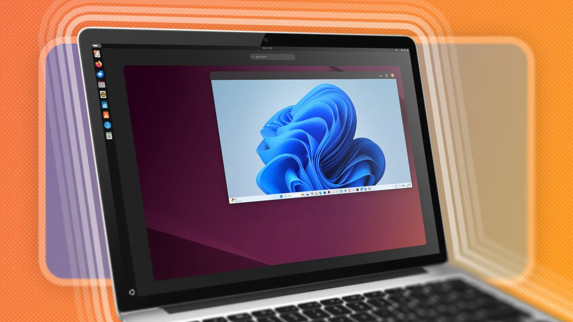 Laptop cài đặt Ubuntu làm hệ điều hành chính, bên trong đang chạy máy ảo Windows, minh chứng khả năng cô lập môi trường làm việc.