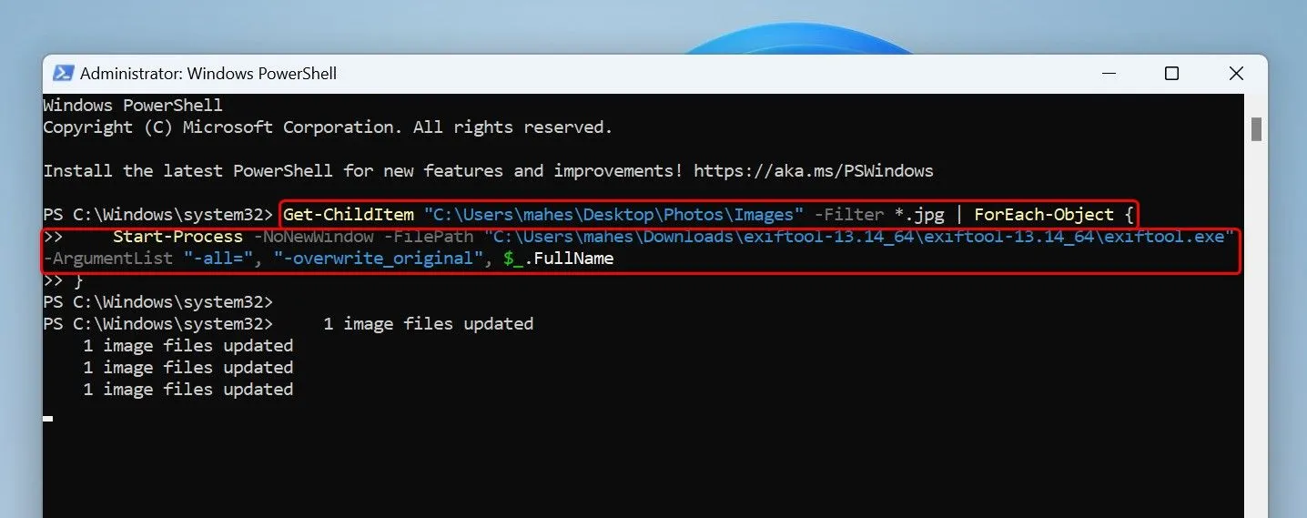 Lệnh PowerShell sử dụng ExifTool để xóa dữ liệu EXIF hàng loạt từ các file ảnh