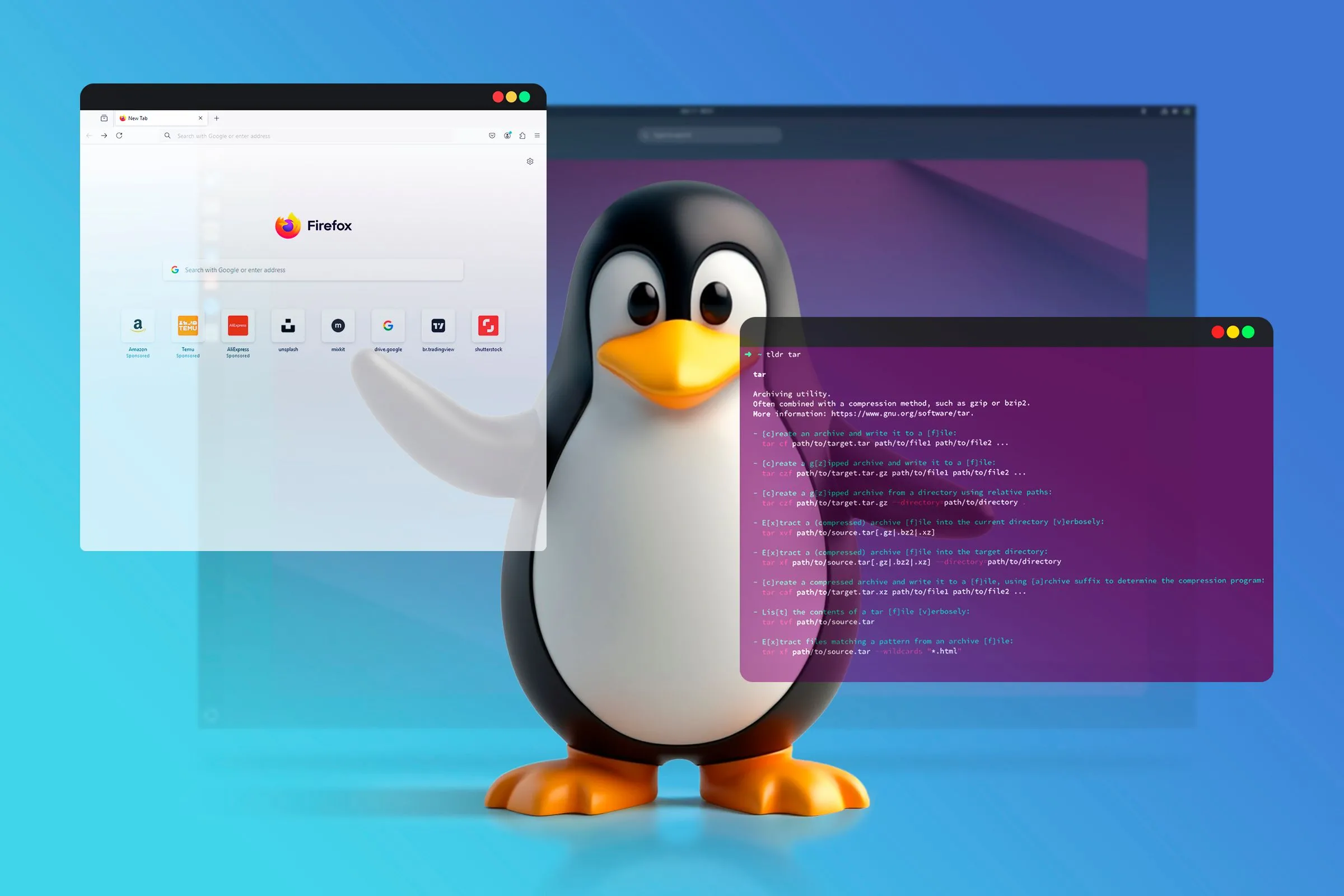 Linh vật Tux của Linux đang di chuyển các cửa sổ trên màn hình, với giao diện Ubuntu mờ ở nền, tượng trưng cho khả năng kiểm soát hệ thống