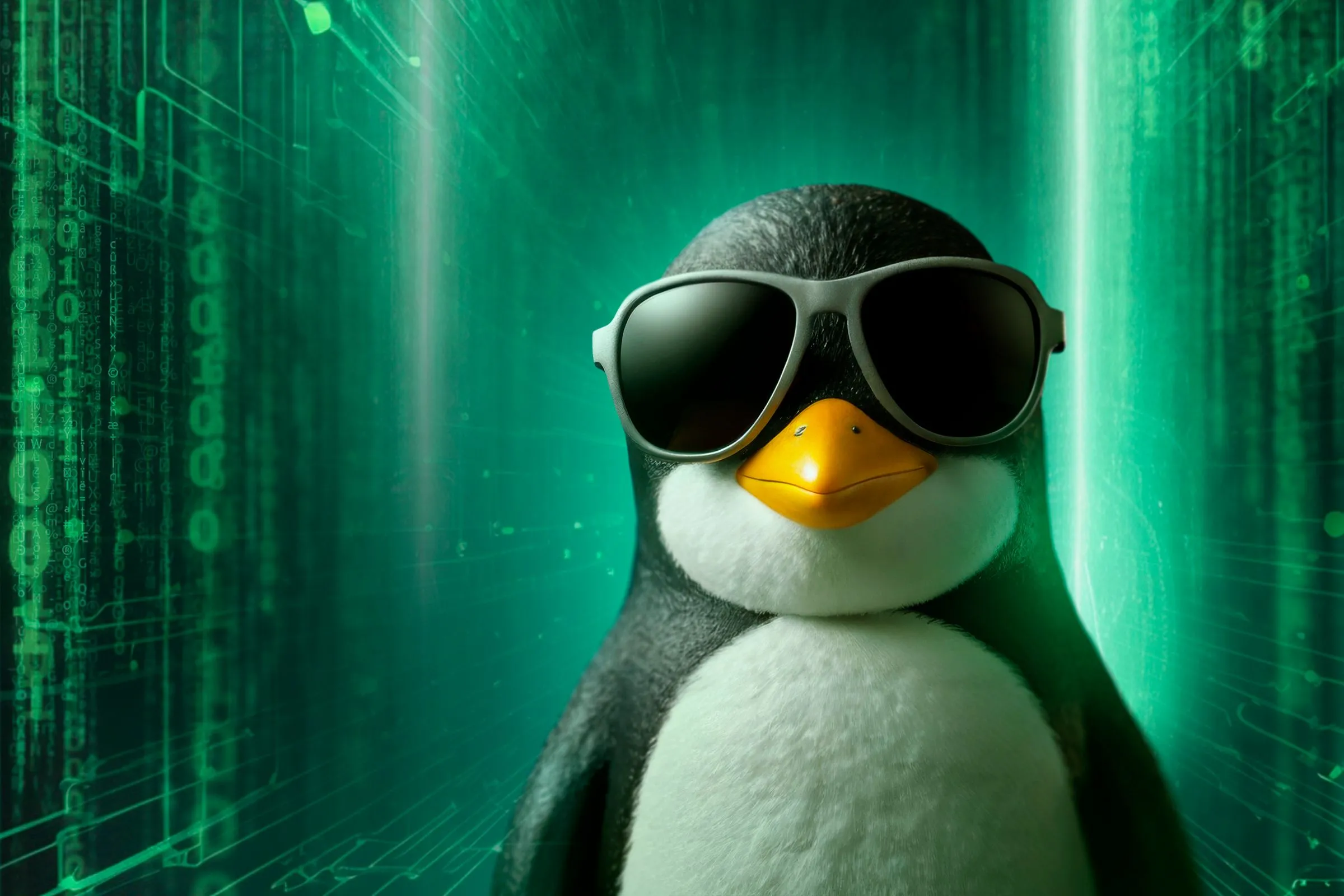 Linh vật Tux của Linux đeo kính râm trên nền phong cách Matrix, tượng trưng cho sự kiểm soát và kiến thức chuyên sâu về hệ thống