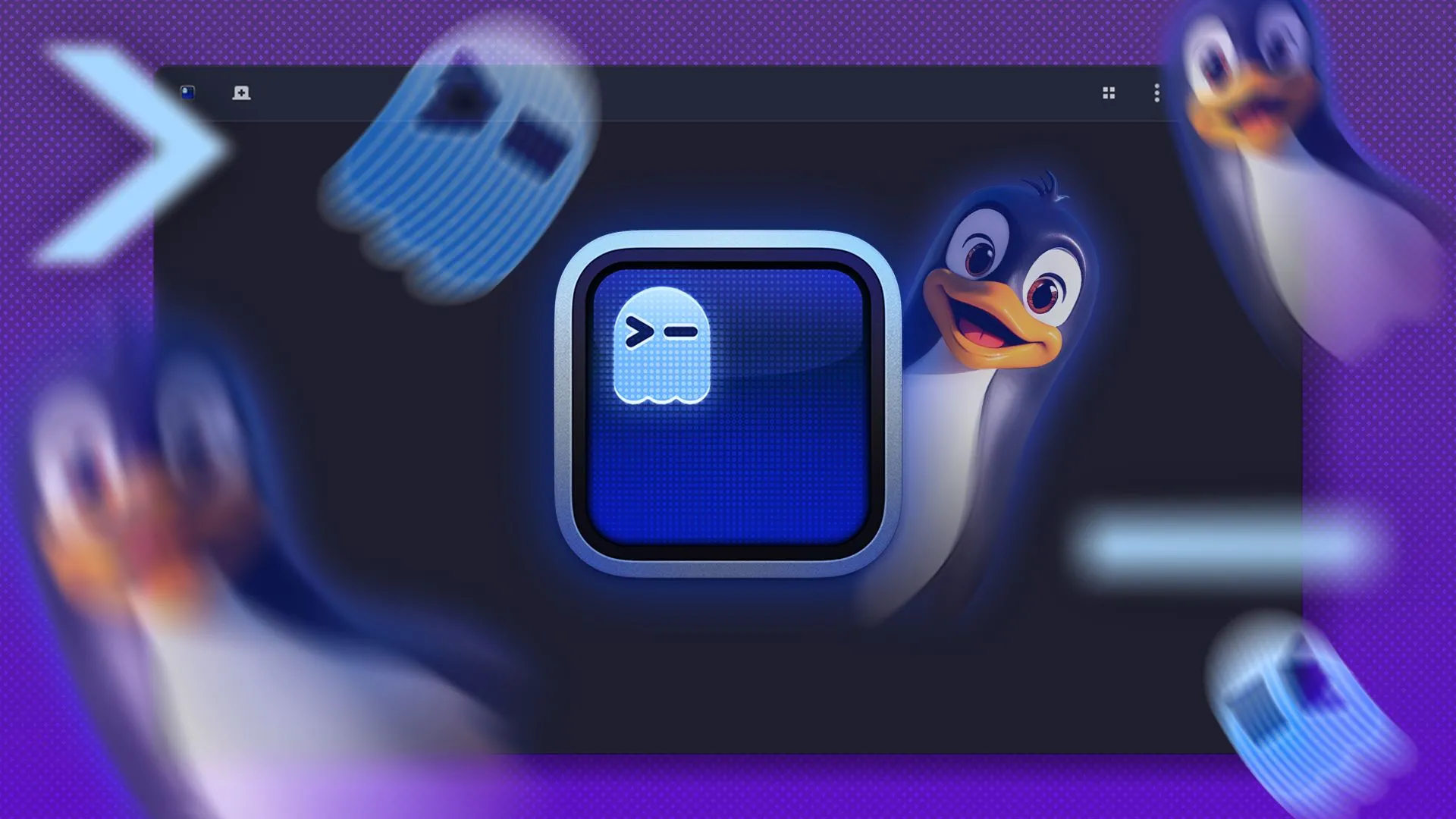 Logo terminal Ghostty cùng linh vật Linux với hiệu ứng bóng ma, đại diện cho thế hệ terminal tăng tốc GPU mới.