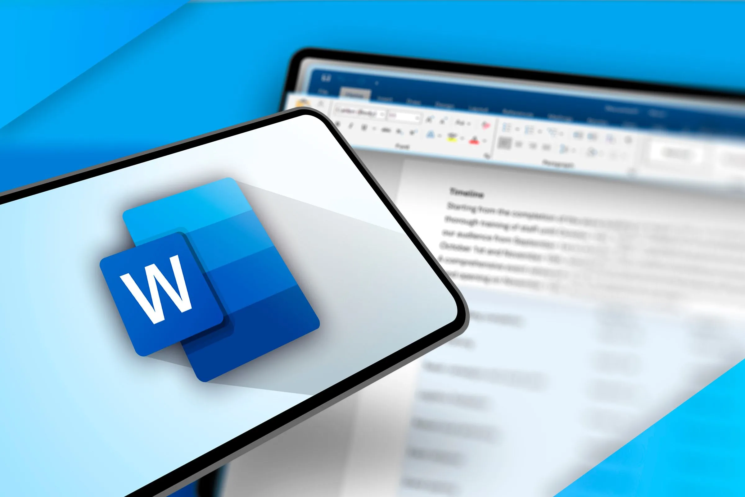 Màn hình điện thoại hiển thị logo Microsoft Word với nền máy tính đang mở Word bị làm mờ, minh họa tính tương thích đa nền tảng