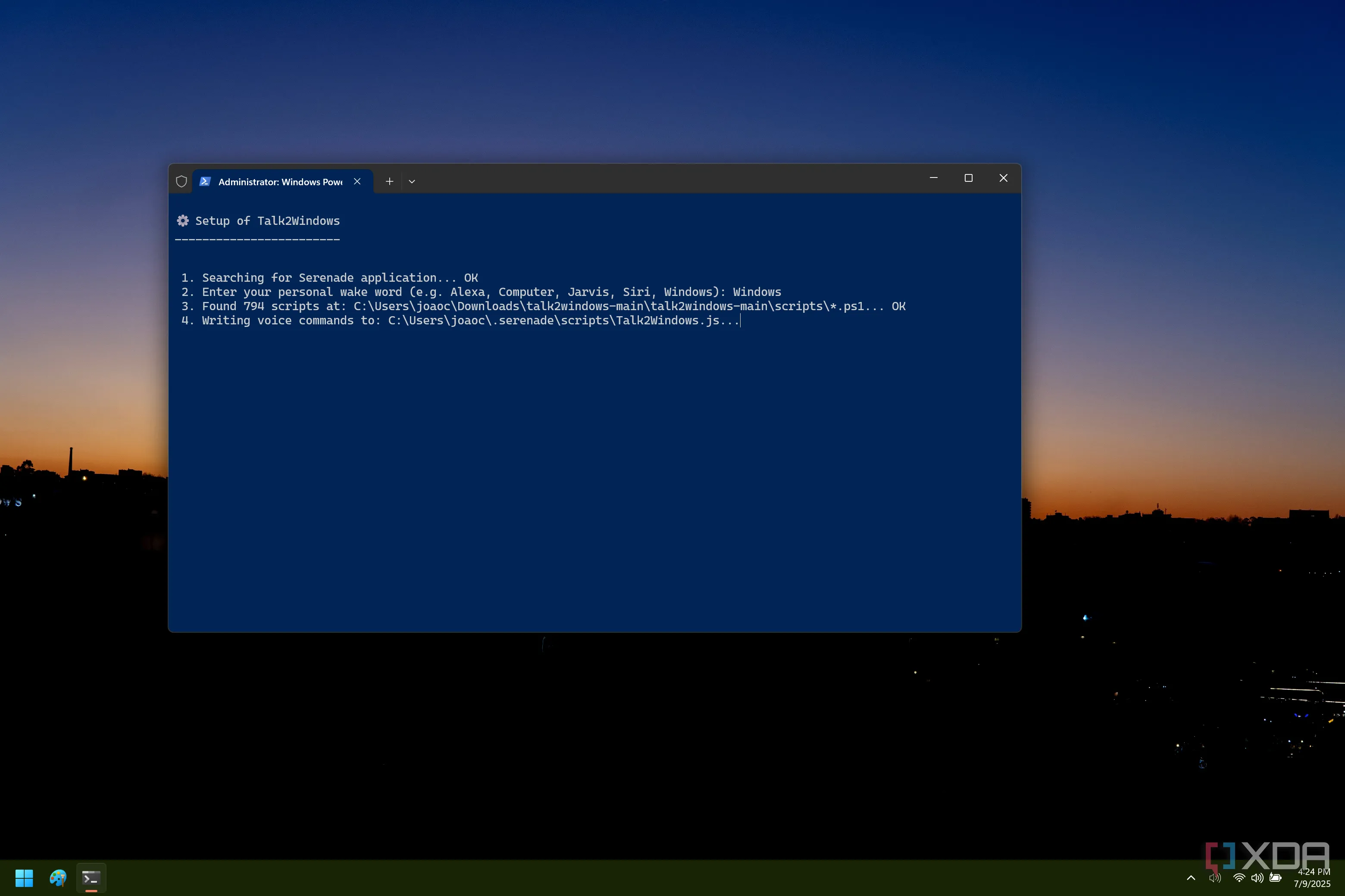 Màn hình Windows Terminal chạy script cài đặt lệnh nhận dạng giọng nói, minh họa việc loại bỏ PowerShell 2.0 trong Windows 11 25H2
