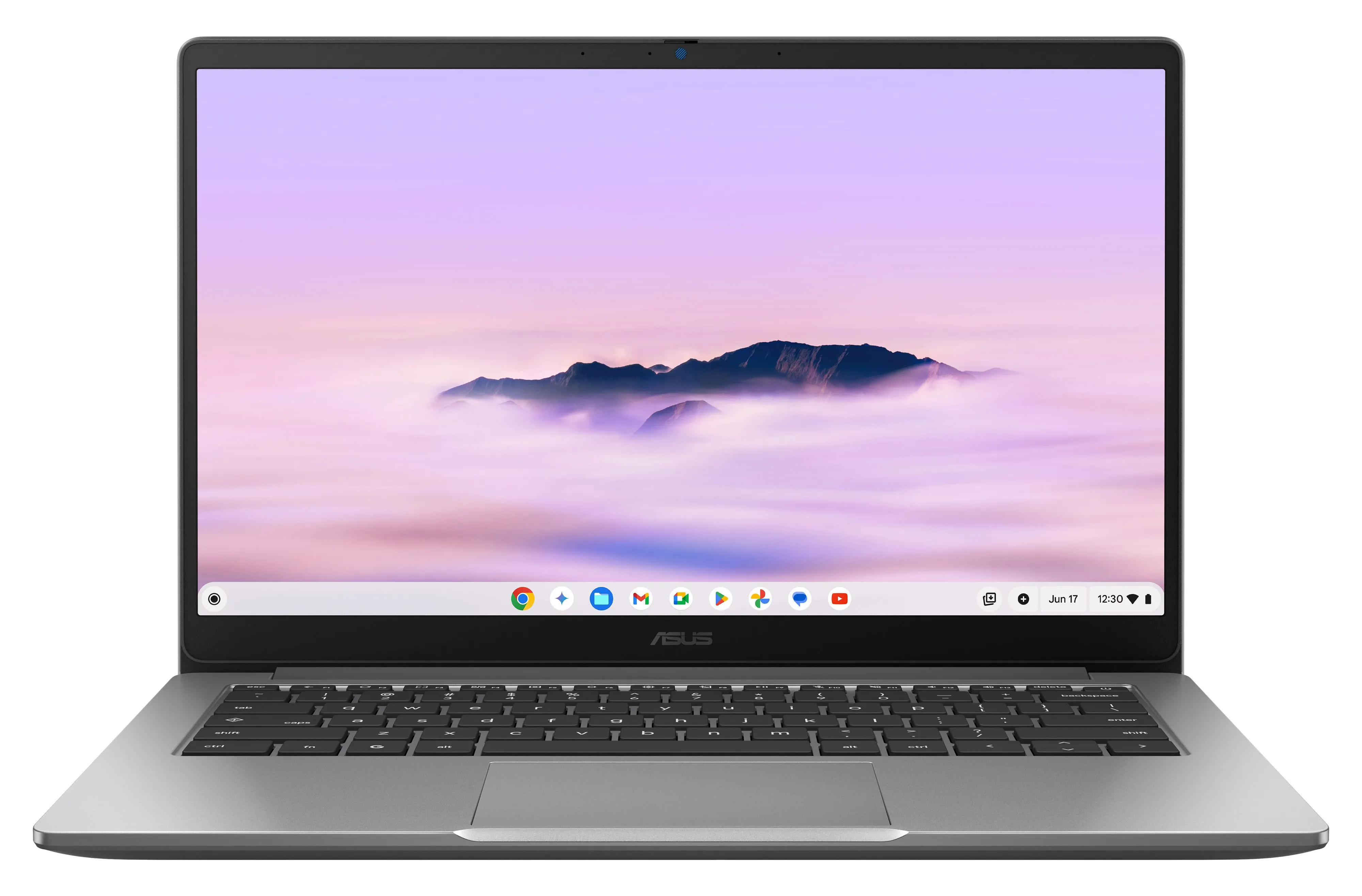 Máy tính xách tay ASUS Chromebook Plus CX14 màu xám sương mù hiển thị từ mặt trước, làm nổi bật màn hình và logo Chromebook Plus