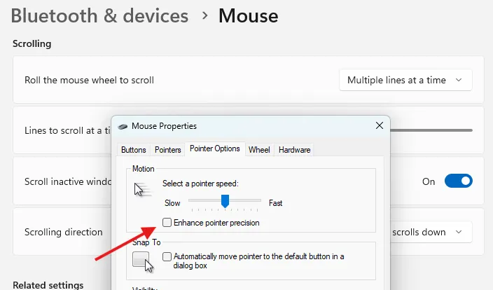 Menu cài đặt chuột nâng cao trên Windows 11 với mũi tên đỏ chỉ vào tùy chọn &quot;Enhance Pointer Precision&quot;.