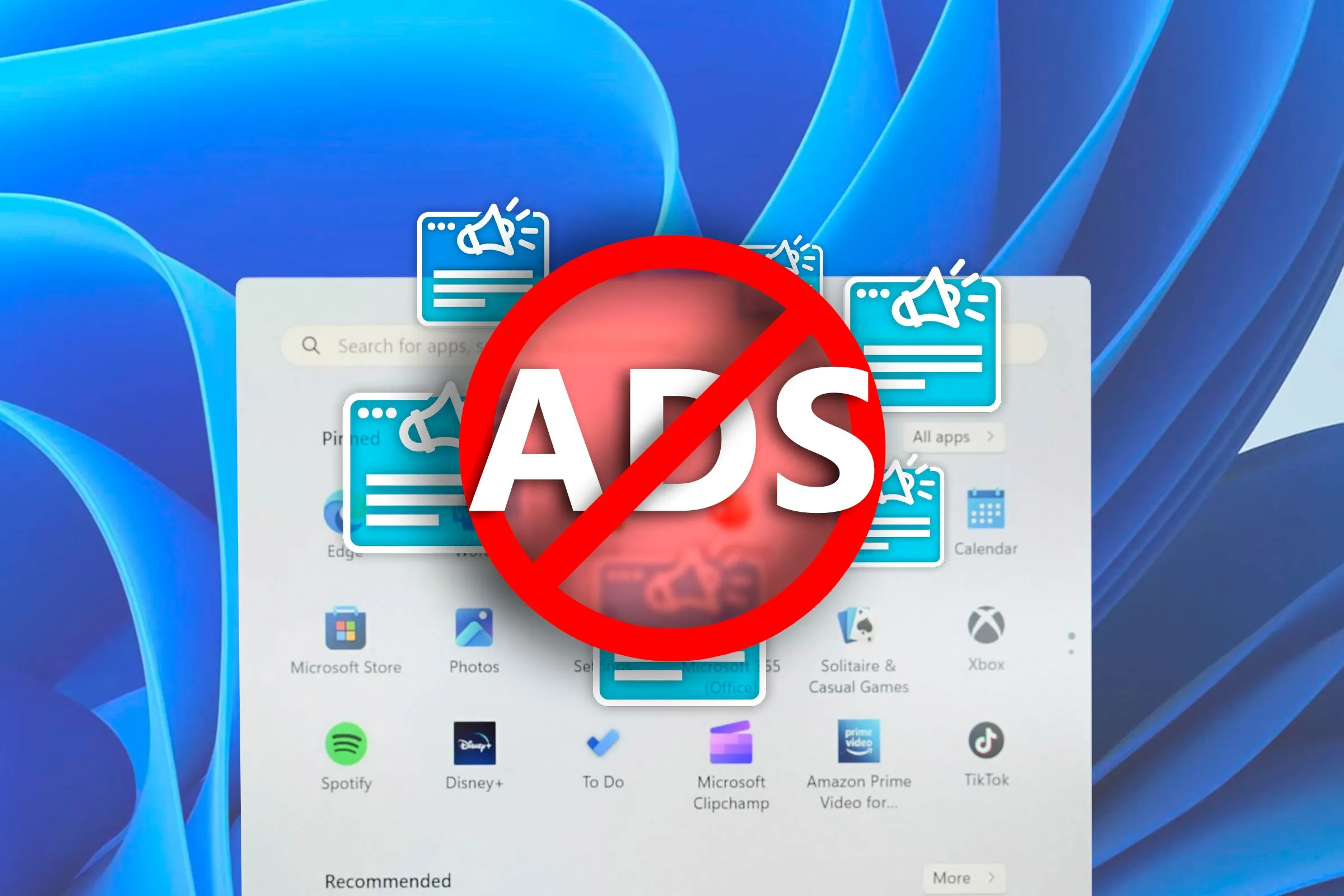 Menu Start của Windows 11 hiển thị các biểu tượng quảng cáo, minh họa sự hiện diện của quảng cáo trên hệ điều hành này so với macOS.