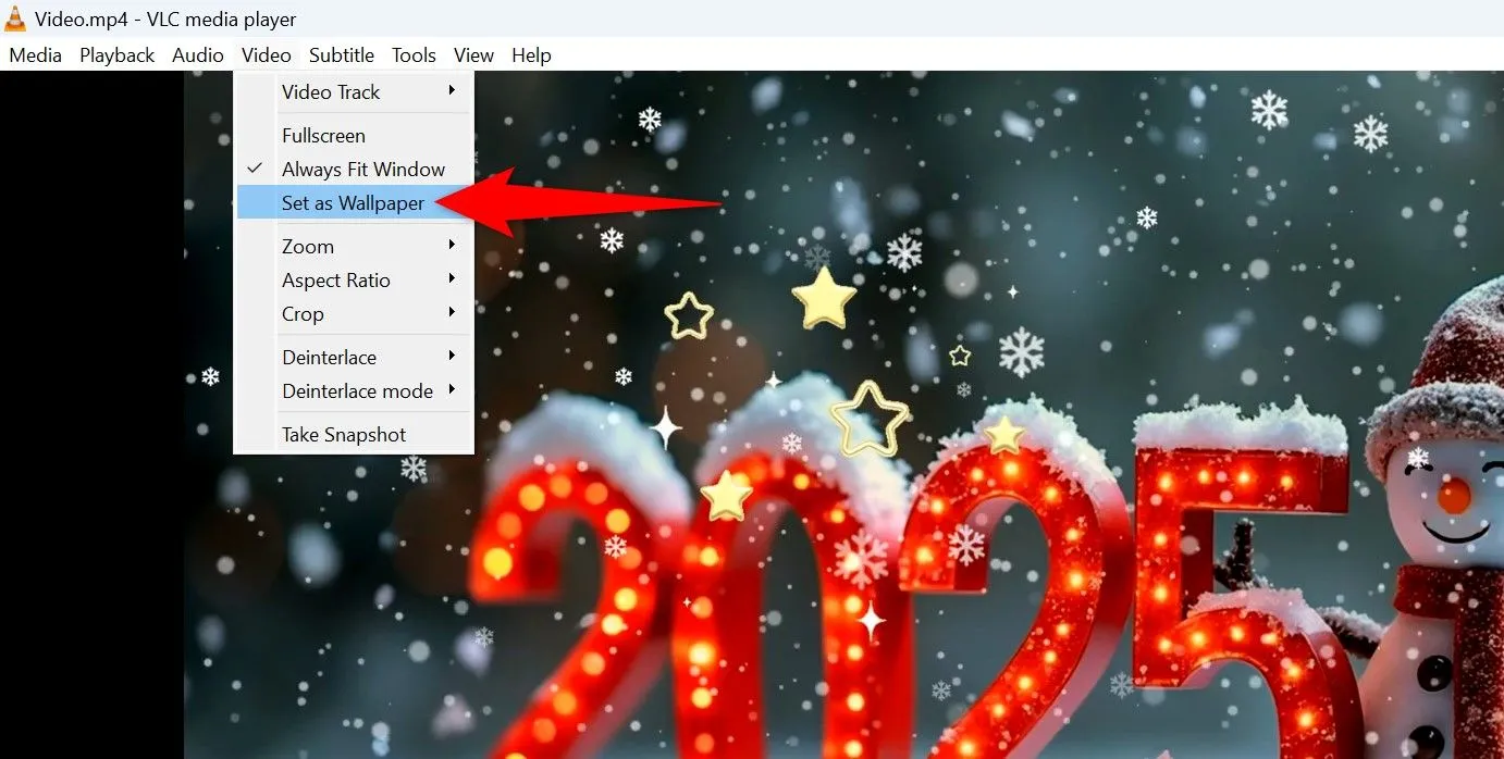 Menu &quot;Video&quot; của VLC được mở, với tùy chọn &quot;Set as Wallpaper&quot; được đánh dấu để đặt video làm hình nền máy tính