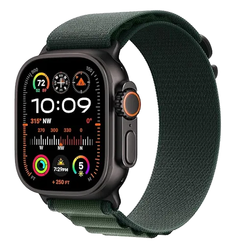 Mô hình Apple Watch Ultra 2 với dây đeo màu xanh lá cây, minh họa thiết bị hỗ trợ xác thực và thanh toán.
