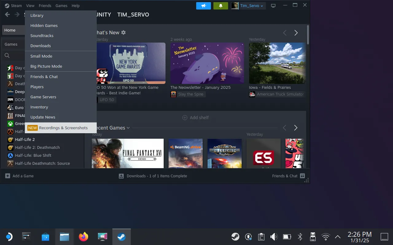 Mục Xem Ảnh Chụp và Bản Ghi (Recordings and Screenshots) trong ứng dụng Steam trên SteamOS Desktop.