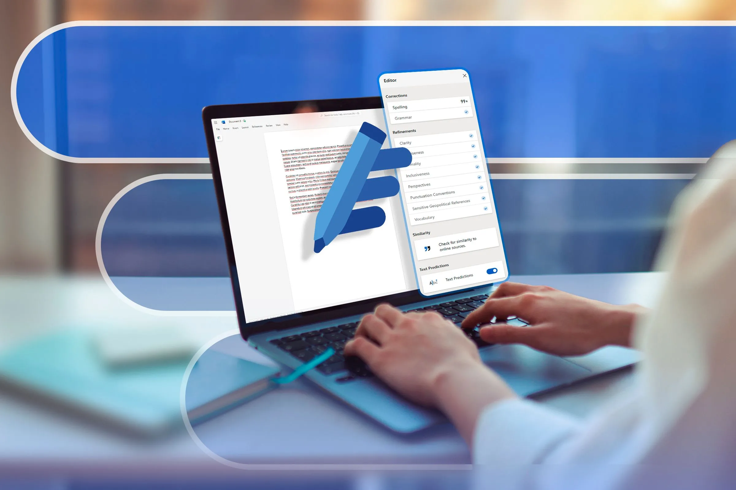 Người dùng đang làm việc trên laptop với giao diện Microsoft Word và biểu tượng Word