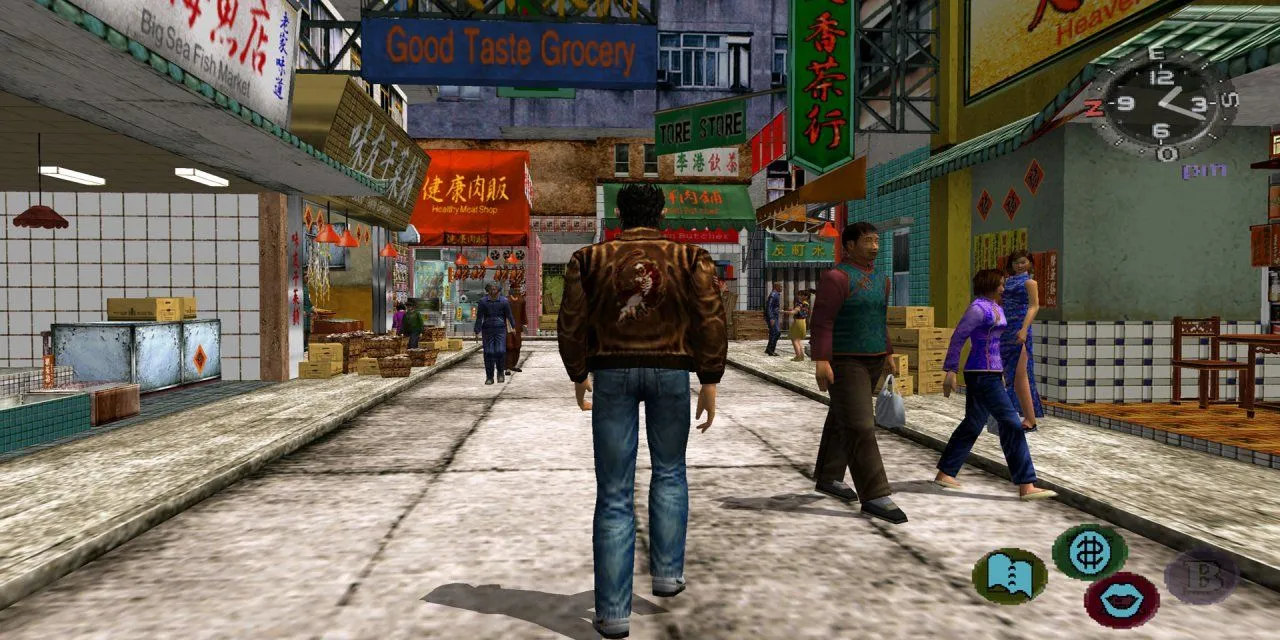 Nhân vật game đang đi dạo trên đường Dobuita trong tựa game Shenmue, biểu tượng của đồ họa 3D đầu thời kỳ