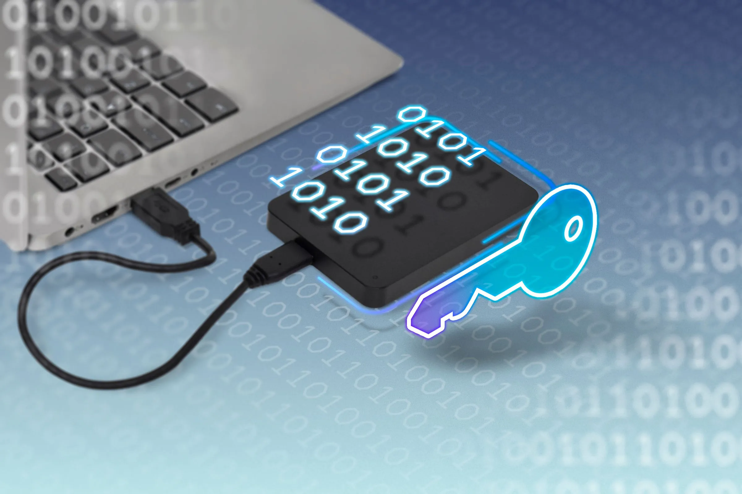 Ổ cứng ngoài được kết nối với laptop, tượng trưng cho việc sao lưu dữ liệu máy ảo an toàn và dễ dàng.