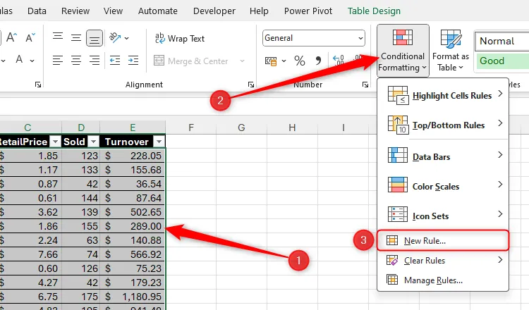 Some data in Excel is selected, and New Rule in the Conditional Formatting menu is selected.
