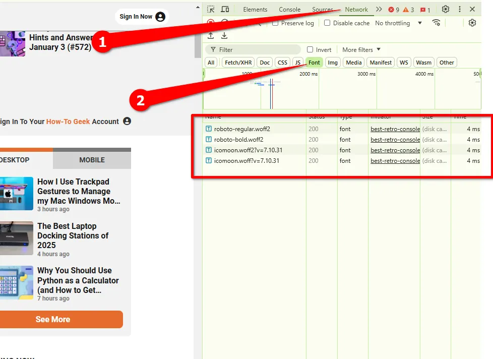 Tab Network trong Element Inspector hiển thị danh sách các tệp font chữ (định dạng WOFF) được sử dụng trên trang web, cho phép người dùng xác định và tải xuống font trực tiếp.