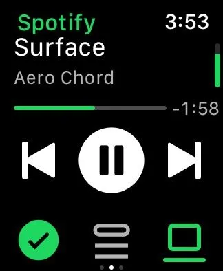 Thanh điều chỉnh âm lượng màu xanh lá trong ứng dụng Spotify trên Apple Watch, minh họa cách tăng giảm âm thanh bằng Digital Crown.