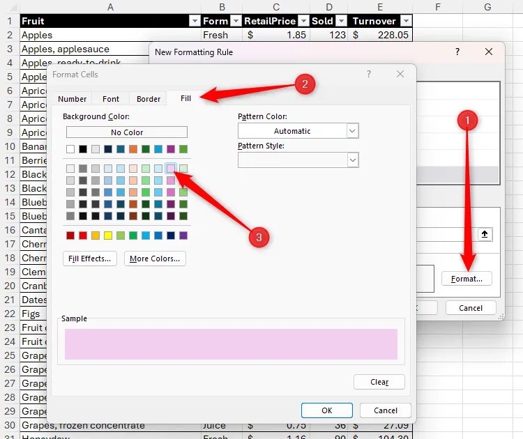 The Conditional Format Format Cells dialog box, with lilac fill selected.
