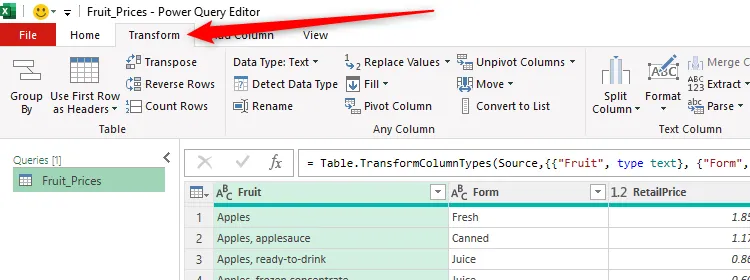 The Transform tab in Excel