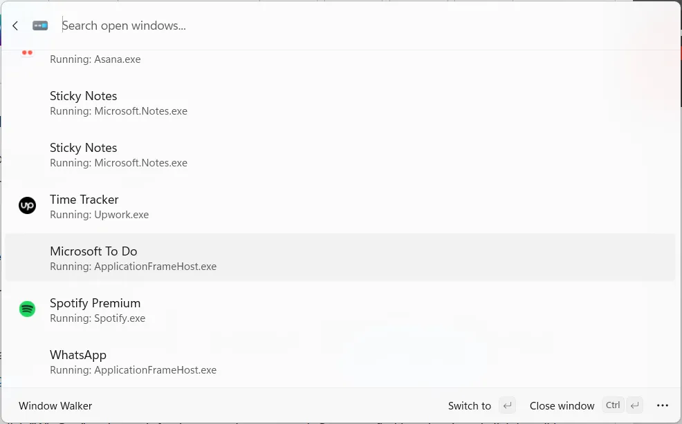 Tính năng Window Walker trong Command Palette của Windows giúp người dùng nhanh chóng tìm và chuyển đổi giữa các cửa sổ đang mở.