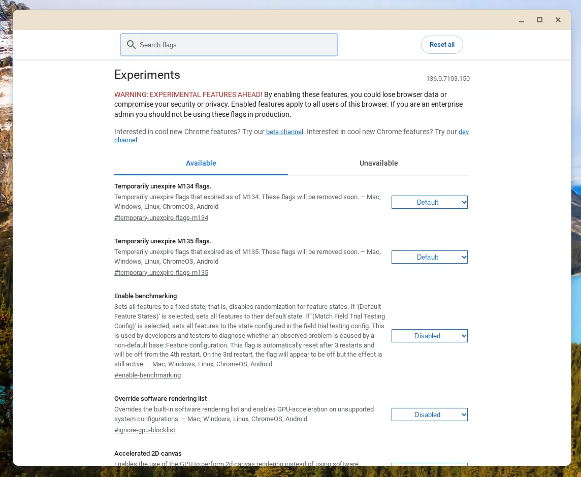 Trang cờ thử nghiệm của ChromeOS hiển thị các tùy chọn cài đặt nâng cao.