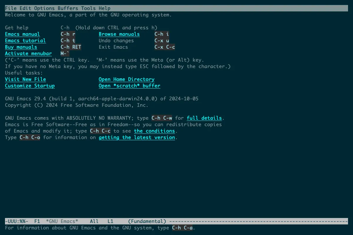 Trình soạn thảo văn bản GNU Emacs đang mở trong cửa sổ Terminal, thể hiện khả năng truy cập dòng lệnh mạnh mẽ của macOS tương tự Linux.