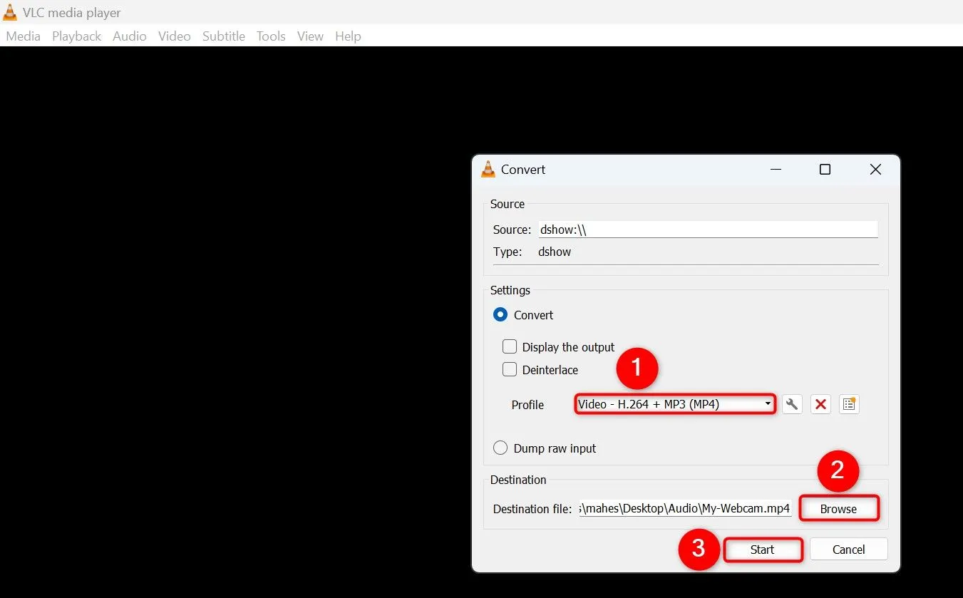 Tùy chọn &quot;Convert&quot; trong VLC được chọn để ghi hình trực tiếp từ webcam và lưu lại