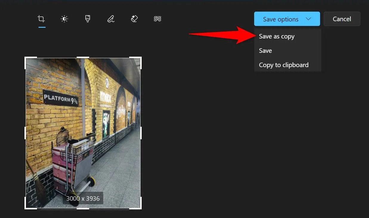 Tùy chọn &quot;Save as Copy&quot; được chọn từ menu &quot;Save Options&quot; trong ứng dụng Photos