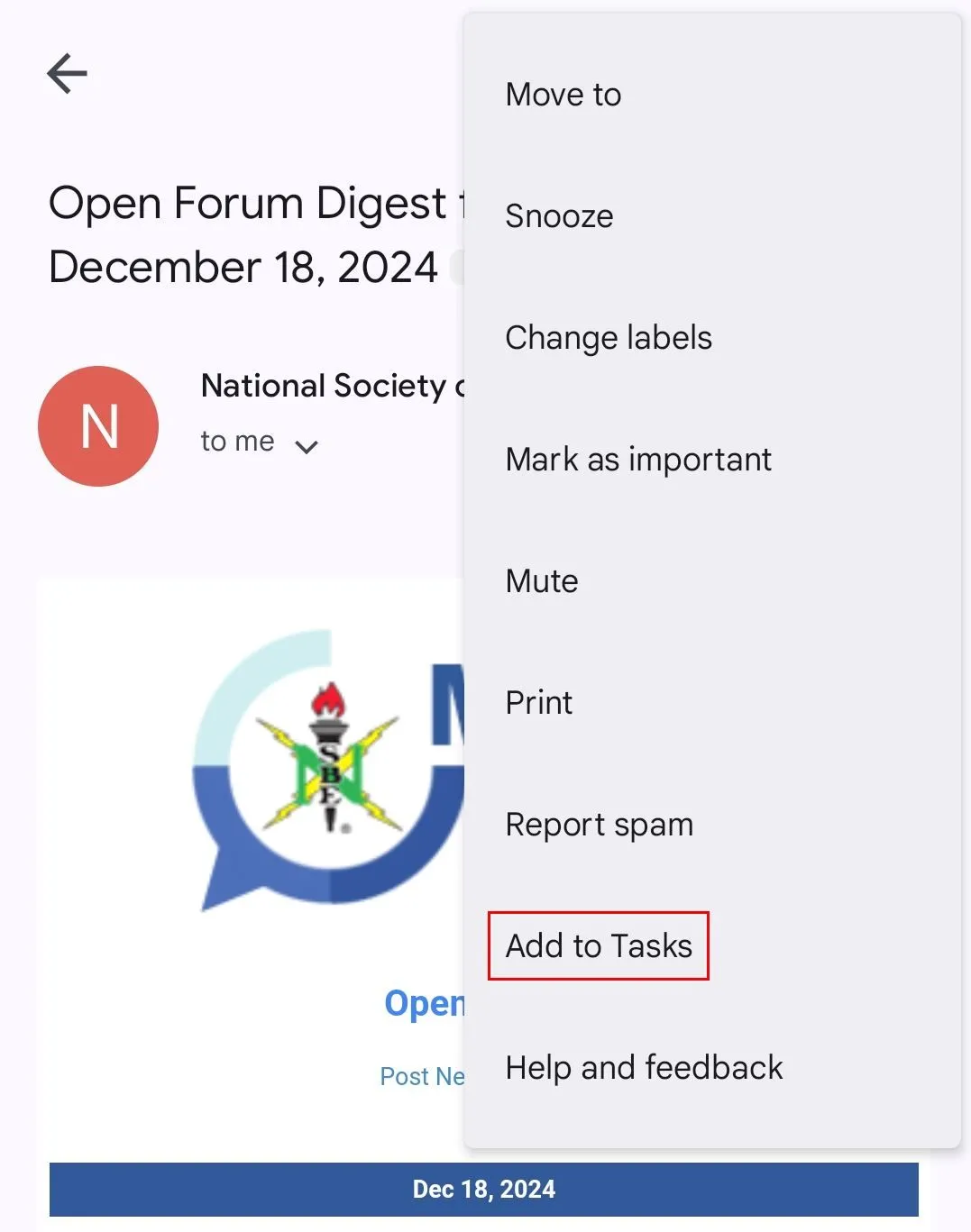 Tùy chọn &quot;Thêm vào Tasks&quot; trong menu ba chấm của ứng dụng Gmail trên điện thoại