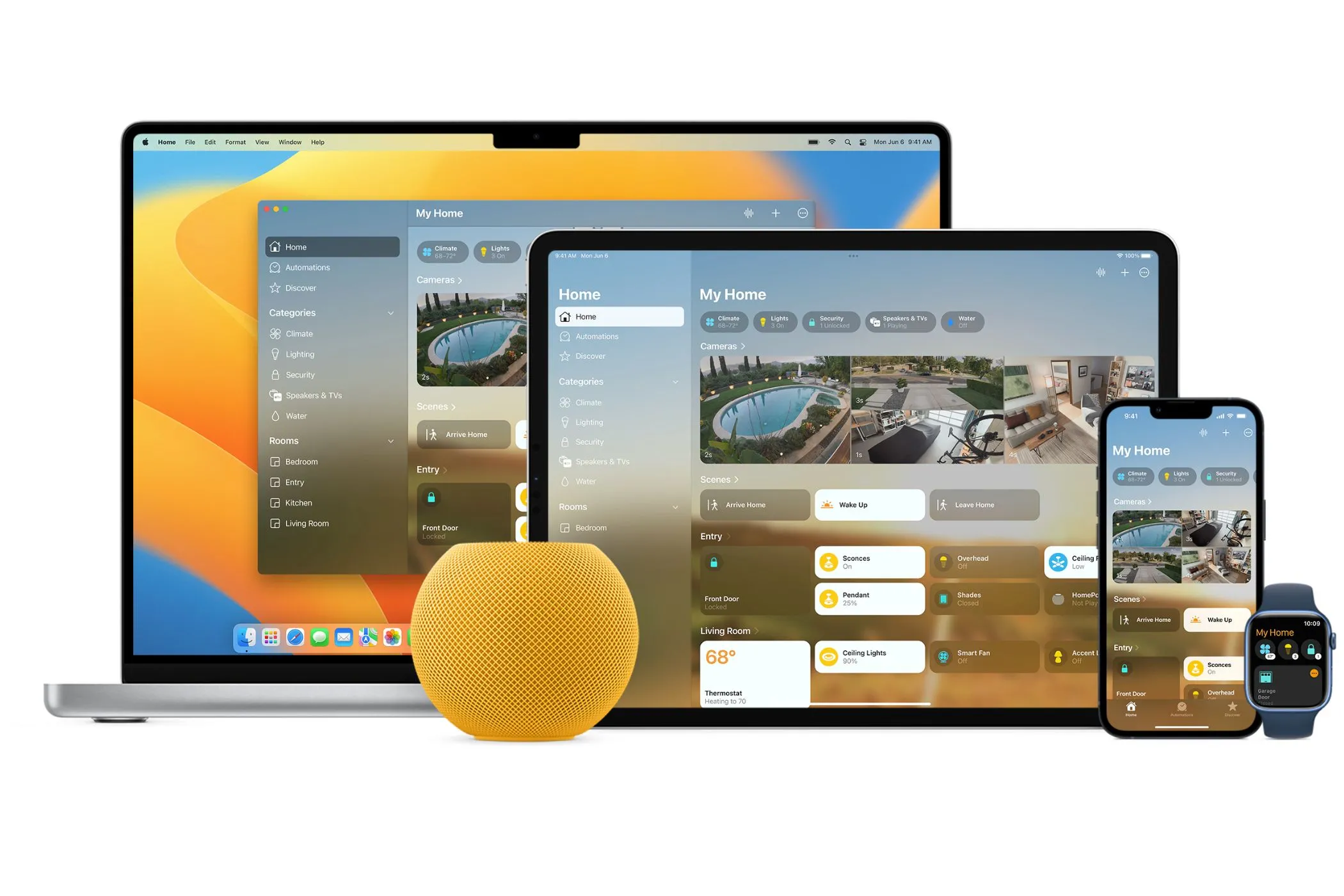 Ứng dụng Apple Home trên nhiều thiết bị Apple khác nhau, thể hiện tính năng quản lý nhà thông minh.