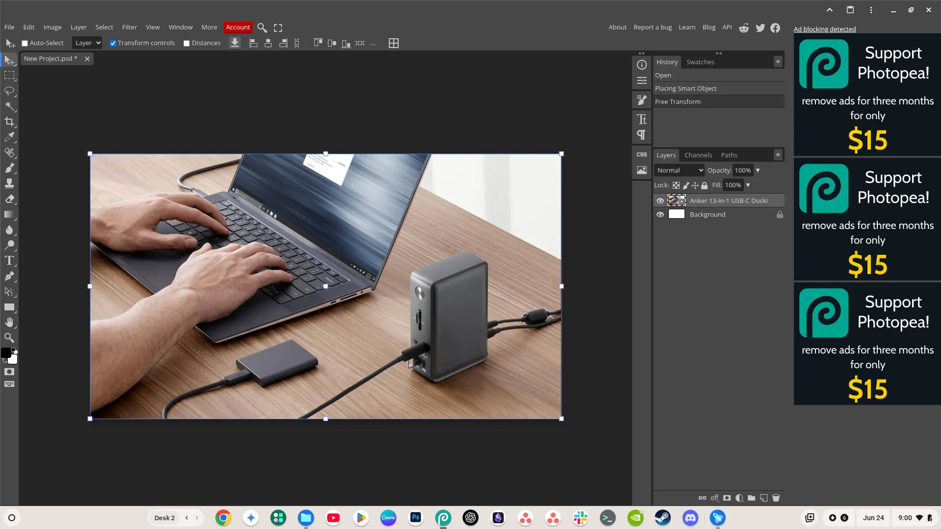 Ứng dụng web lũy tiến Photopea đang mở trên Chromebook, cho thấy khả năng của PWA.