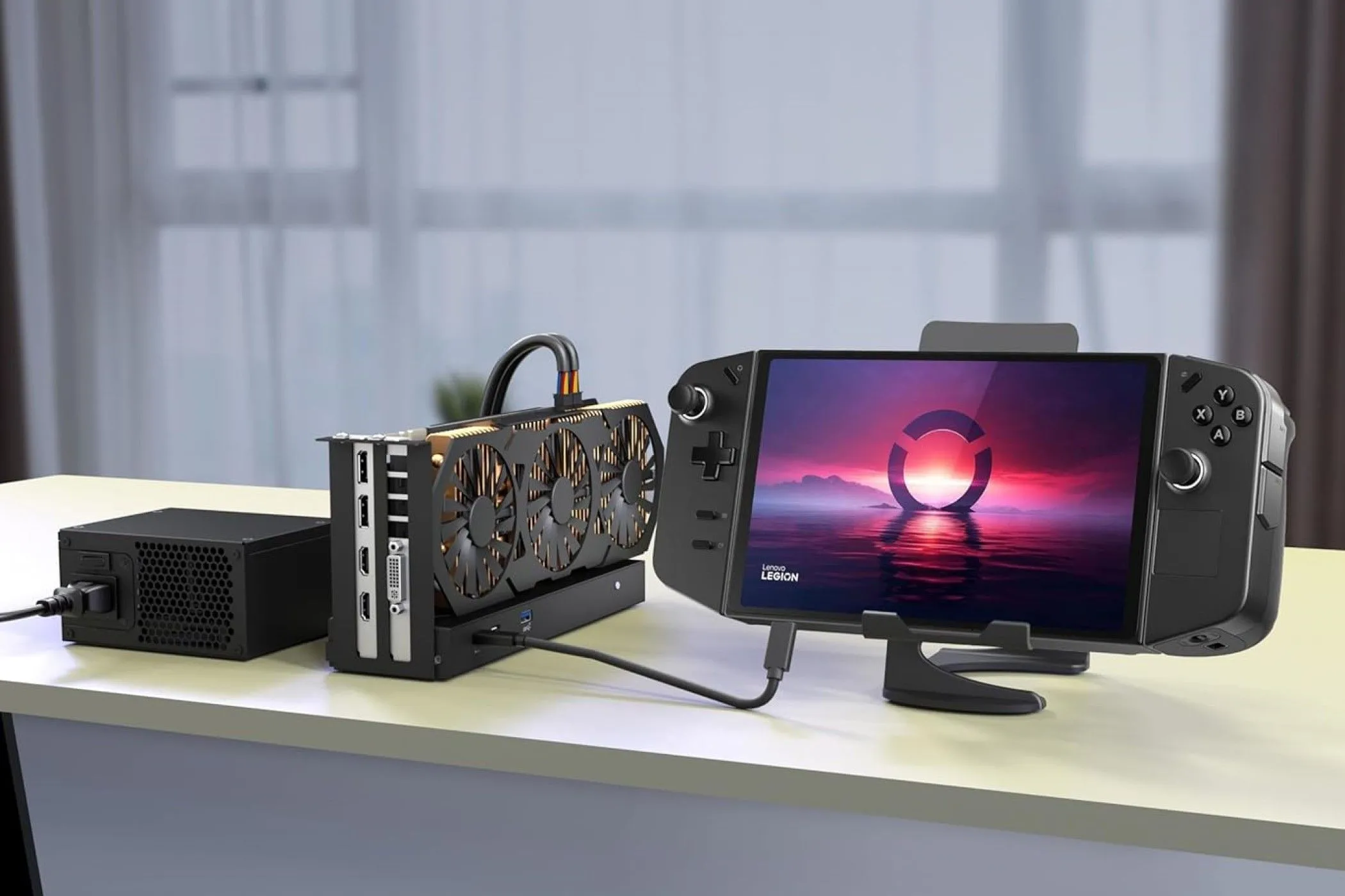 Vỏ eGPU TREBLEET Thunderbolt 3 Mini chứa card đồ họa và bộ nguồn, kết nối với một thiết bị cầm tay, cho thấy giải pháp tăng cường đồ họa cho máy tính nhỏ gọn.