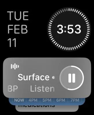 Widget Spotify xuất hiện trong Smart Stack trên Apple Watch, cho phép truy cập nhanh để điều khiển phát nhạc.