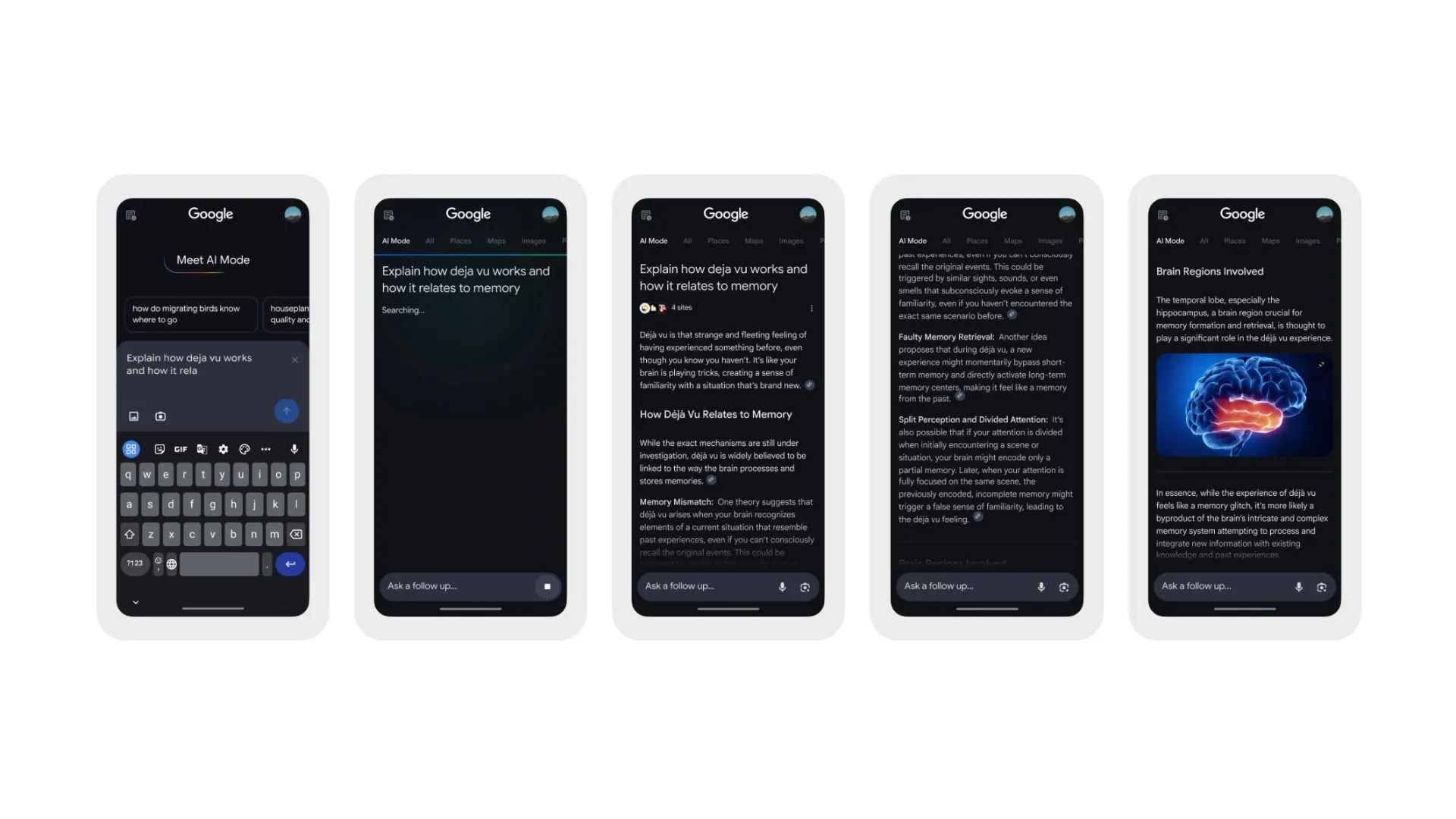 Xem trước giao diện Google Search AI Mode, minh họa cách AI cung cấp tổng quan và phản hồi chi tiết cho các truy vấn phức tạp.
